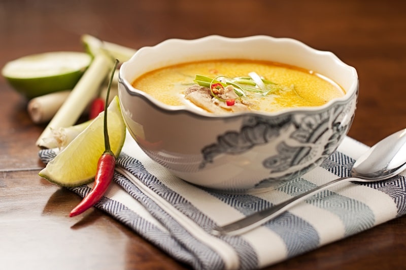 Bowl of Thai curried butternut squash soup.